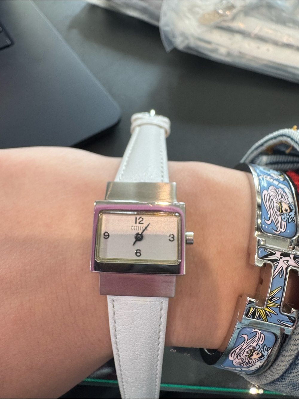 New Vintage Ecclissi Sterling Silver Tank Watch – White Leather Strap